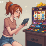 슬롯 머신 앞에서 스마트폰으로 포모주소 를 검색 중인 여성 유저 일러스트