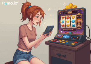 슬롯 머신 앞에서 스마트폰으로 포모주소 를 검색 중인 여성 유저 일러스트